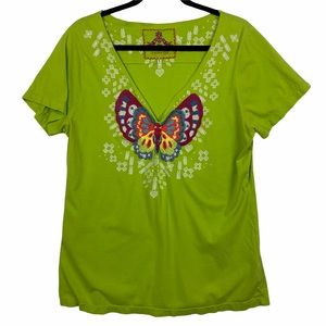 Johnny Was Green Embroidered Butterfly Top